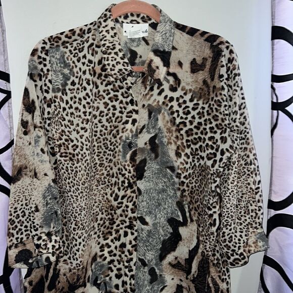 Vintage Animal Print Blouse Shirt Semi Sheer 90s Tiger Print by N Touch Medium - Picture 4 of 7